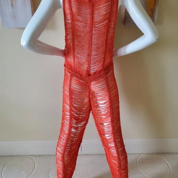 Crochet Orange Hollow Out One-Piece Bikini See Through Cover Up Jumpsuit SZ M - Picture 8 of 10